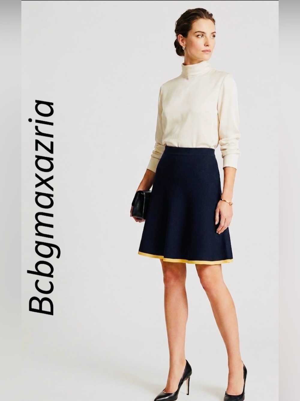BCBGMAXAZRIA Black Flared Skirt Yellow Trim Size XS NWT | Heavyweight Knit